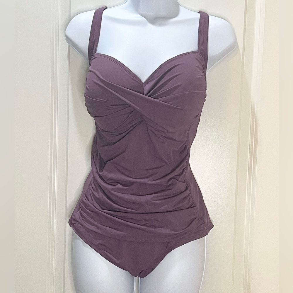 Liz Claiborne Purple One-Piece Swimsuit with Twist Detail and Ruching Size 16